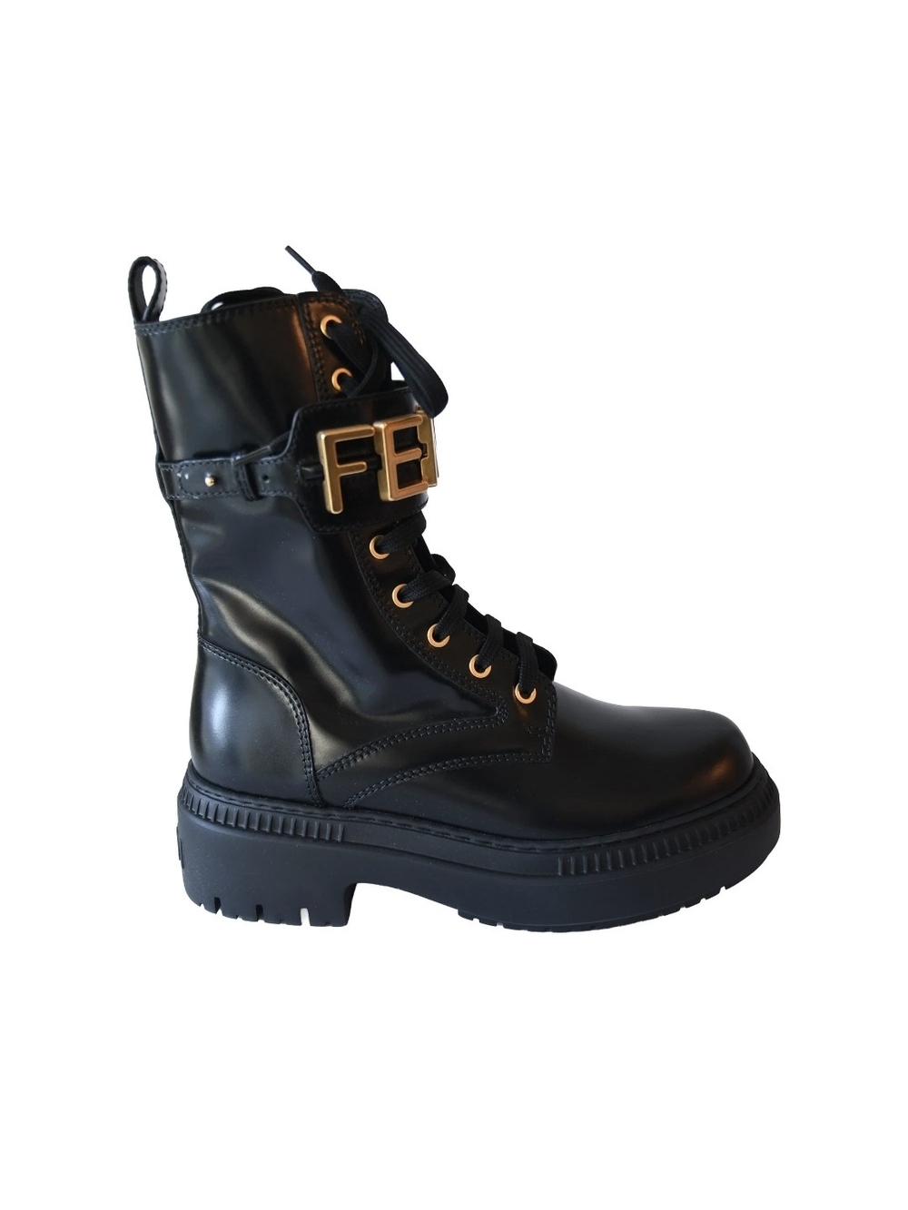 Fendi Black Biker Butter Soft Leather Lace-Up Combat Boot with Gold Logo Accent